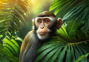 macaco scimmia dietro a il tropicale le foglie di un' giungla foto