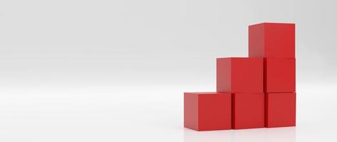 un mucchio di scatole rosse impilano come gradino su sfondo bianco. successo, scalata verso l'alto, progressione, concetto di crescita aziendale. illustrazione di rendering 3D. foto