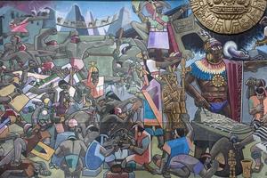 cusco, perù, 5 gennaio 2018 - dettaglio del murale a cusco, perù. Il murale che mostra l'intera storia del Perù è stato realizzato da Juan Bravo nel 1992. foto