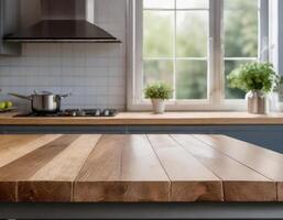 vuoto di legno superiore tavolo nel cucina con sfocato finestra sfondo nel il mattina foto
