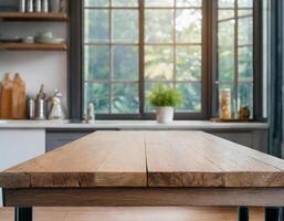 vuoto di legno superiore tavolo nel cucina con sfocato finestra sfondo nel il mattina foto
