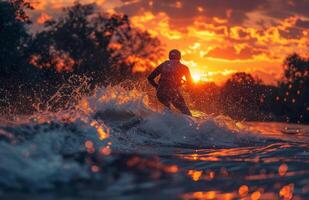 giovane uomo acqua sciare su lago a tramonto foto