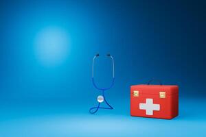 rosso primo aiuto scatola o Borsa medico emergenza attrezzatura ospedale medicina aiuto medico farmacia 3d illustrazione isolato su un' blu sfondo foto