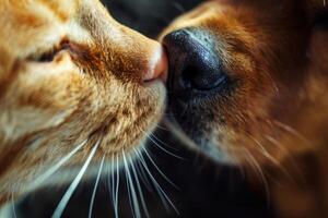 gatto e cane Il prossimo per ogni altro delicatamente toccare loro nasi foto