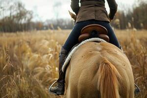 groppa cavalcata attraverso autunno campi. donna equitazione cavallo foto