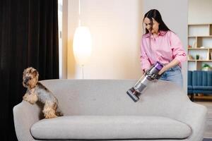 un' carino giovane donna è passare l'aspirapolvere un' divano con sua carino cane seduta su esso. concetto pulizia a casa. foto