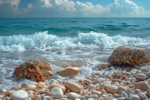 sereno mare scappa con d'oro sabbie, azzurro acque, verdeggiante palme, e il danza di luce del sole su il mare foto