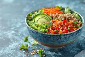 vegano Budda o colpire ciotola insalata con grano saraceno, verdure e semi su blu sfondo foto