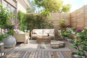 bellissimo di moderno terrazza con ponte pavimentazione e recinzione, verde in vaso fiori impianti e all'aperto arredamento. accogliente rilassante la zona a casa. foto