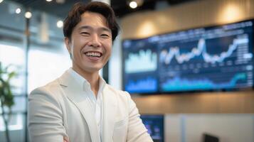 riuscito asiatico uomo d'affari nel moderno ufficio analizzando azione mercato dati su digitale schermi foto