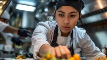 un' donna capocuoco nel un' cappello è cucinando cibo nel il cucina foto