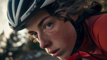 contento donna nel un' bicicletta casco, pronto per un' divertimento cavalcata foto