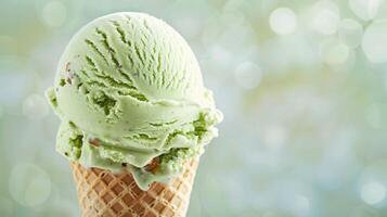 notizia in anticipo di pistacchio ghiaccio crema nel cialda cono, un' delizioso congelato dolce foto