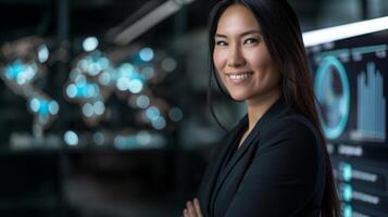fiducioso asiatico donna d'affari nel moderno ufficio, professionale aziendale ambiente, tecnologia analisi, dati visualizzazione foto