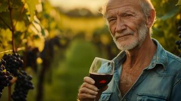 anziano uomo Tenere rosso vino bicchiere nel vigneto, godendo contento momento foto