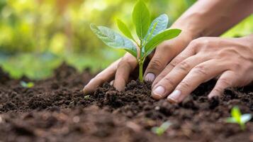 persona piantare piccolo pianta nel suolo utilizzando dita come gesto foto
