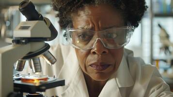 un' donna è guardare attraverso un' microscopio nel un' laboratorio foto