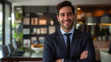 fiducioso uomo d'affari nel professionale ufficio ambientazione, braccio attraversato, sorridente, attività commerciale successo, aziendale comando, professionale ritratto, azione fotografia foto