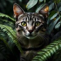 un' gatto nel il pioggia bagnato foresta foto