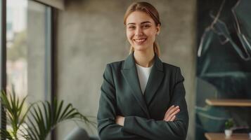 fiducioso donna d'affari nel professionale ufficio ambientazione, sorridente, braccia attraversato, aziendale successo, diversità nel il posto di lavoro foto