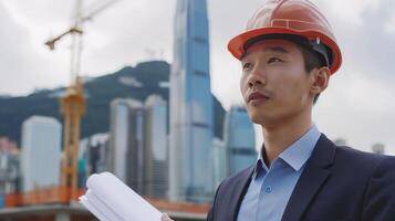 ingegnere nel difficile cappello e completo da uomo con carta nel mano a un' costruzione luogo foto