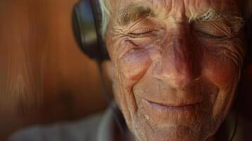 anziano uomo con chiuso occhi e cuffia, rughe su viso, contento espressione foto
