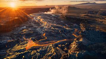 un aereo Visualizza di un' vulcano a tramonto con il sole splendente attraverso il nuvole foto