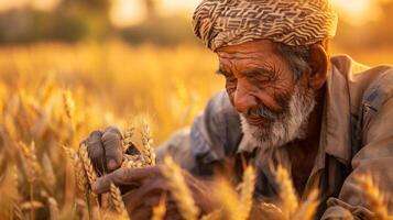 un' uomo con un' barba sorrisi nel un' Grano campo, mescolanza in il naturale paesaggio foto