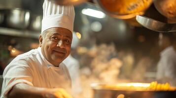 capocuoco nel uniforme cucinando un' piatto, sorridente a telecamera, in mostra culinario abilità foto