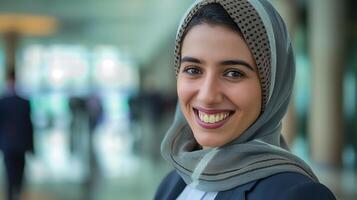 professionale ritratto di sorridente mezzo orientale donna nel hijab a moderno attività commerciale conferenza, ideale per diversità, comando, e aziendale disegni foto