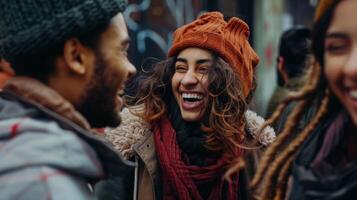 un' folla di persone indossare cappelli e condivisione risata a un evento foto