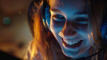 un' contento donna con elettrico blu cuffie sorrisi mentre giocando un' gioco foto
