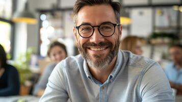 diverso attività commerciale incontro con sorridente barbuto maschio professionale nel moderno ufficio ambientazione foto