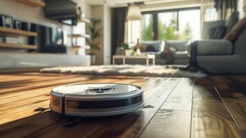 un' robot vuoto addetto alle pulizie è su un' legno duro pavimento nel un' vivente camera foto