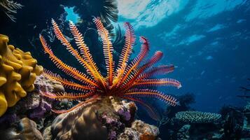 vicino su di un' mare anemone su un' corallo scogliera subacqueo foto