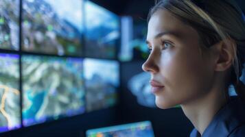 un' donna è guardare a un' mazzo di monitor nel un' controllo camera foto