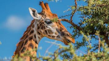 giraffidi mastica su le foglie a partire dal un' albero contro il cielo foto