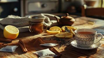 cucina tavolo con tè e Limone fetta foto