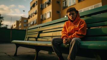 adolescenziale ragazzo seduta su un' panchina foto