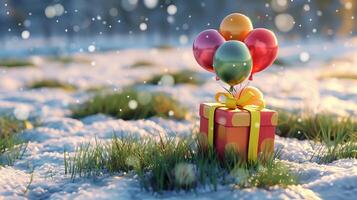 regalo scatola con palloncini su inverno sfondo con alcuni pezzi di verde erba foto