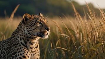 un' maestoso leopardo nel alto erba, naturale habitat, azione foto, sfondo Immagine, sfondo foto