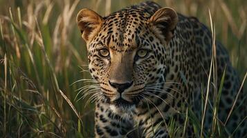 un' maestoso leopardo nel alto erba, naturale habitat, azione foto, sfondo Immagine, sfondo foto