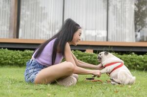 contento asiatico donna giocando con carino inteligente carlino cucciolo cane nel il Giardino dietro la casa foto