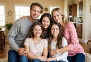 globale giorno di genitori concetto contento famiglia seduta insieme e sorridente su divano foto