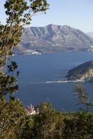 inverno mare colorato paesaggio con il blu acqua di il Adriatico mare e il isola di st. Nicola vicino il cittadina di budva nel montenegro. Visualizza a partire dal sopra attraverso il alberi. verticale foto