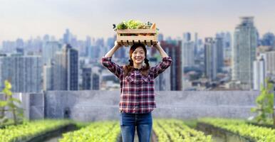 asiatico donna giardiniere è raccolta organici verdura mentre Lavorando a tetto urbano agricoltura futuristico città sostenibile giardinaggio su il limitato spazio per ridurre carbonio orma e cibo sicurezza foto