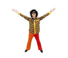 asiatico hippie afro uomo vestito nel anni 80 Vintage ▾ moda con colorato retrò fifa discoteca capi di abbigliamento mentre danza isolato su bianca sfondo per fantasia attrezzatura festa e pop cultura concetto foto