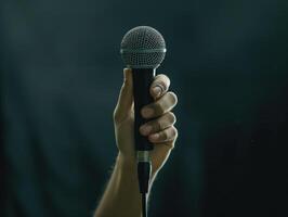 un' mano Tenere su un' microfono a un' speciale evento o celebrazione foto