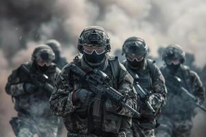 silhouette di militare soldati con Armi buio sfondo. legge e militare concetto. alto qualità foto