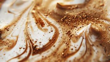 vicino su astratto Marrone caramello forme latte macchiato arte nel caffè. liquido struttura caffè sfondo macro. cappuccino e latte schiuma vicino su Visualizza. alto qualità foto